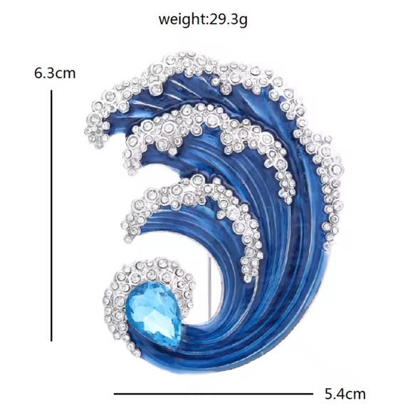 Betsey Johnson Schiaparelli Style Large Blue and Silver Wave Brooch - Picture 5 of 6